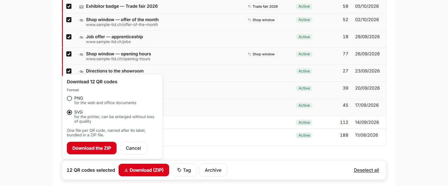 List of QR codes in QR Suisse with 12 QR codes selected, the bulk actions bar and the ZIP download window in SVG format — demo account, fictitious data.