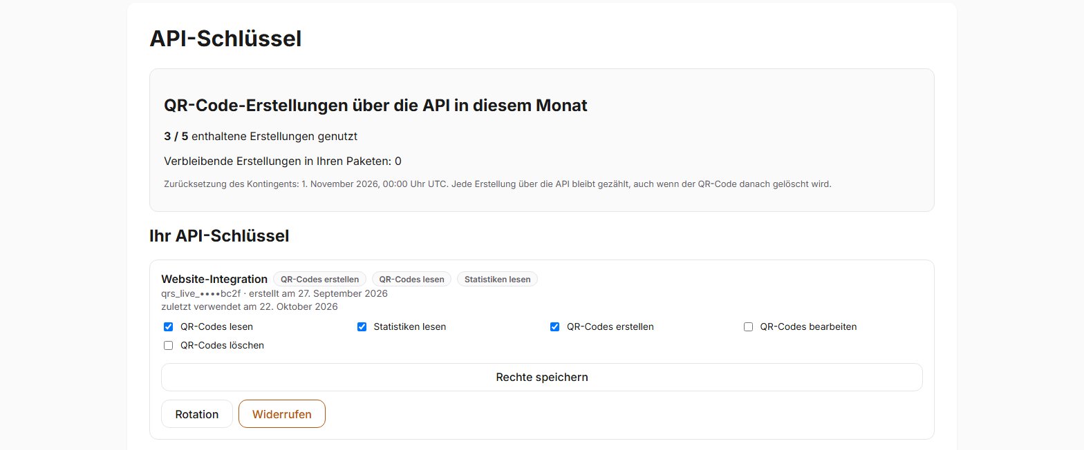 Bildschirm der API-Schlüssel in QR Suisse: ein Schlüssel mit seinen Rechten, dem Datum seiner letzten Verwendung und dem Erstellungskontingent des Monats — Demo-Konto, fiktive Daten.