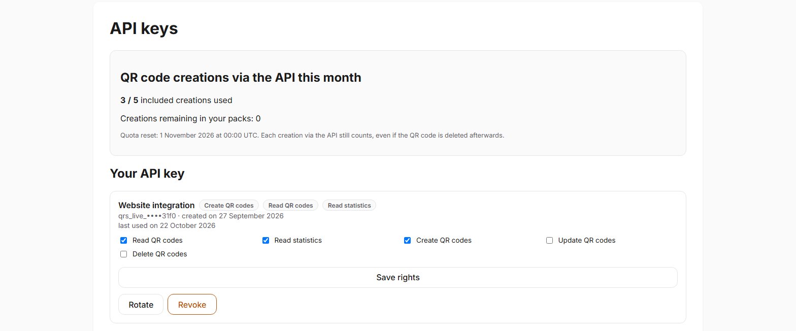 API keys screen in QR Suisse: a key with its rights, the date it was last used and the month's creation quota — demo account, fictitious data.