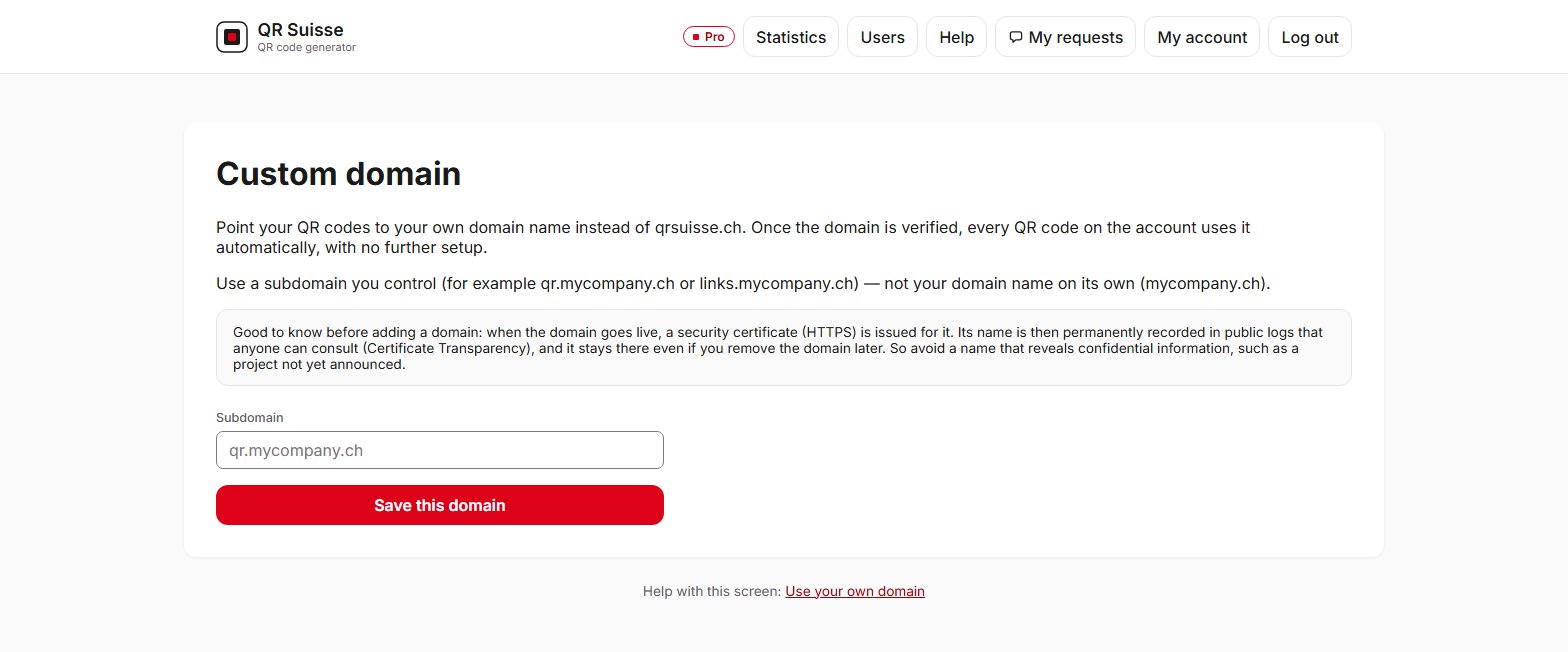 Custom domain setup screen in QR Suisse — demo account, fictitious data.