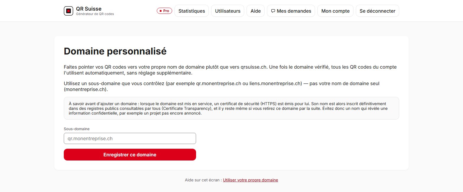 Écran de configuration du domaine personnalisé dans QR Suisse — compte de démonstration, données fictives.
