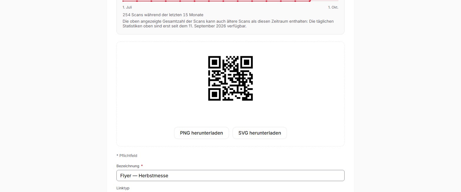 Seite eines QR-Codes in QR Suisse, mit seinem Bild und den Schaltflächen «PNG herunterladen» und «SVG herunterladen» — Demo-Konto, fiktive Daten.