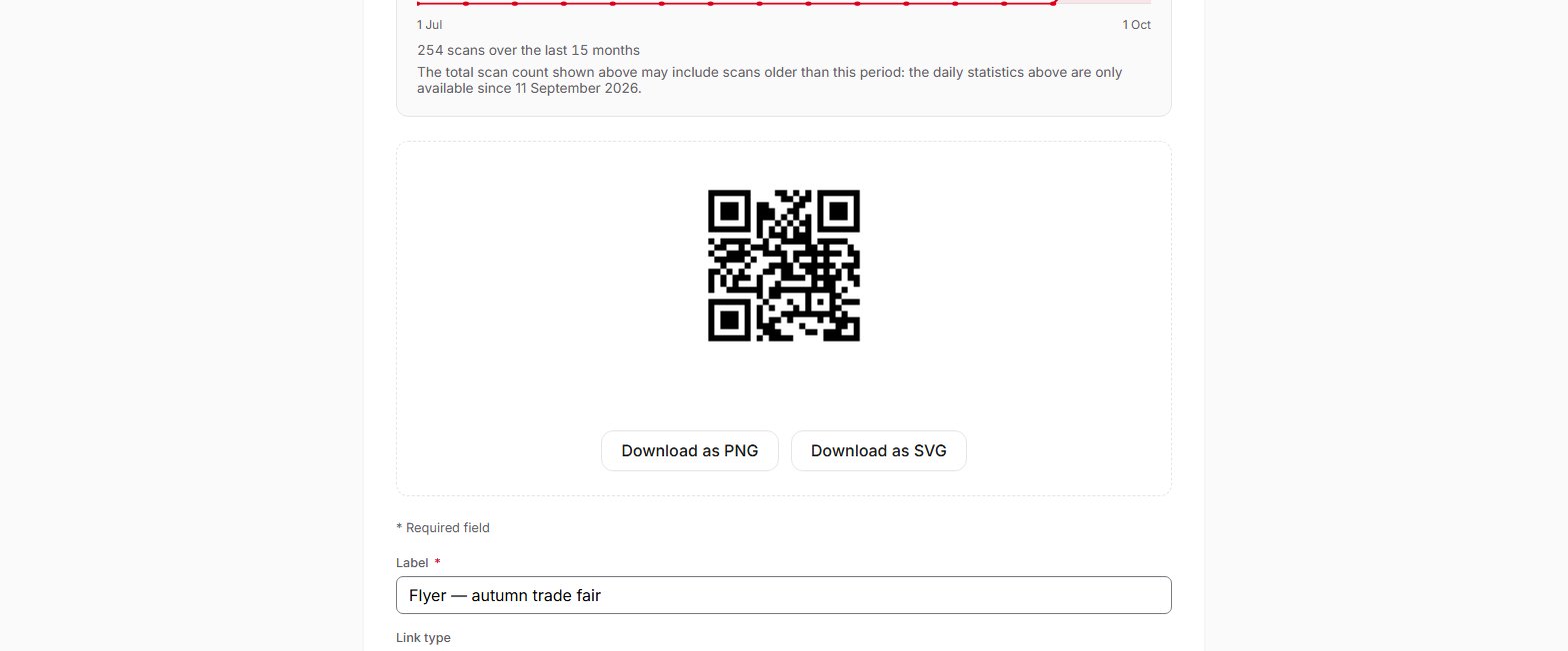 Page of a QR code in QR Suisse, with its image and the “Download as PNG” and “Download as SVG” buttons — demo account, fictitious data.
