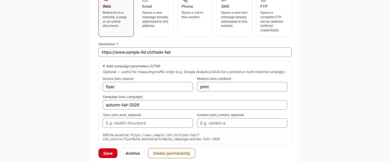 Form of a Web QR code in QR Suisse, with the campaign parameters (UTM) section open and the full address shown — demo account, fictitious data.