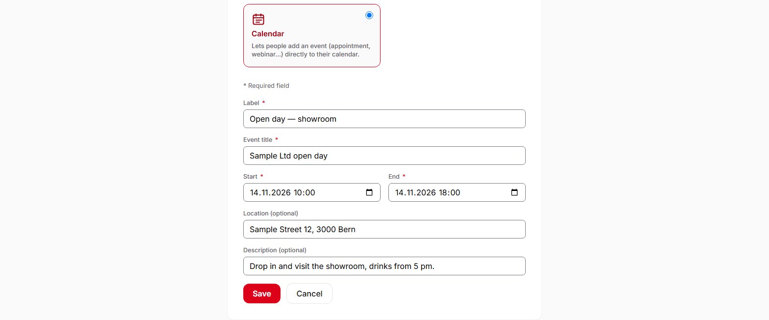 Creation form for a Calendar QR code in QR Suisse: title, start, end, location and description of the event — demo account, fictitious data.