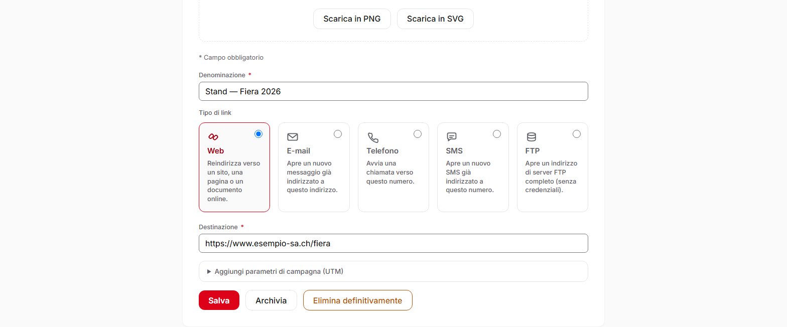 Pagina di un codice QR in QR Suisse, con il suo modulo di modifica e i pulsanti Salva e Archivia — account dimostrativo, dati fittizi.