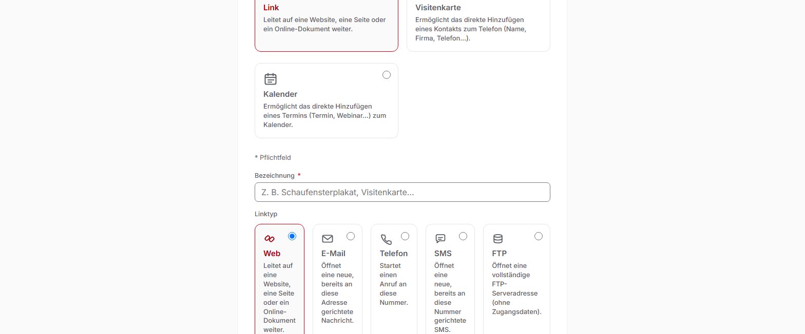 Bildschirm zur Erstellung eines QR-Codes in QR Suisse, mit ausgewähltem Typ «Link»: Auswahl des QR-Typs (Link, Visitenkarte, Kalender) und des Linktyps (Web, E-Mail, Telefon, SMS, FTP) — Demo-Konto, fiktive Daten.