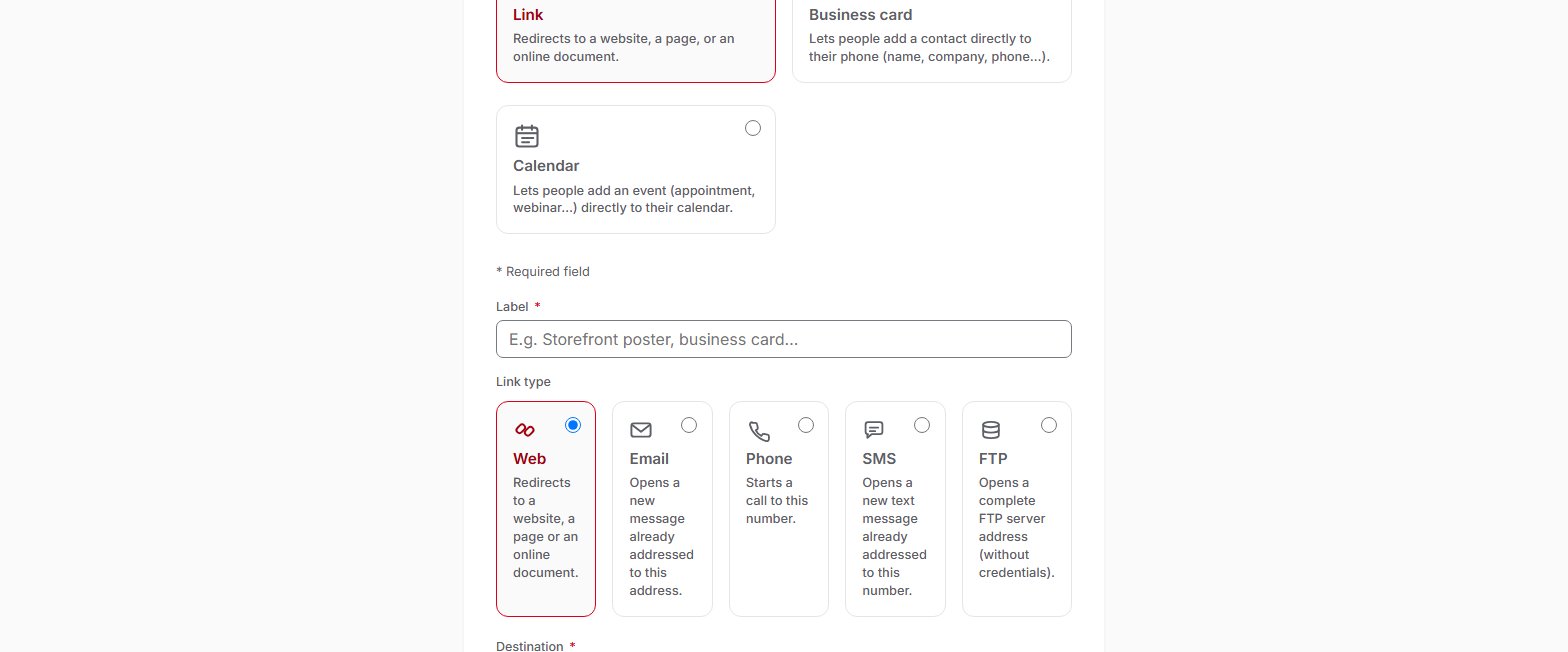 QR code creation screen in QR Suisse, with the “Link” type selected: QR type picker (Link, Business card, Calendar) and link types (Web, Email, Phone, SMS, FTP) — demo account, fictitious data.