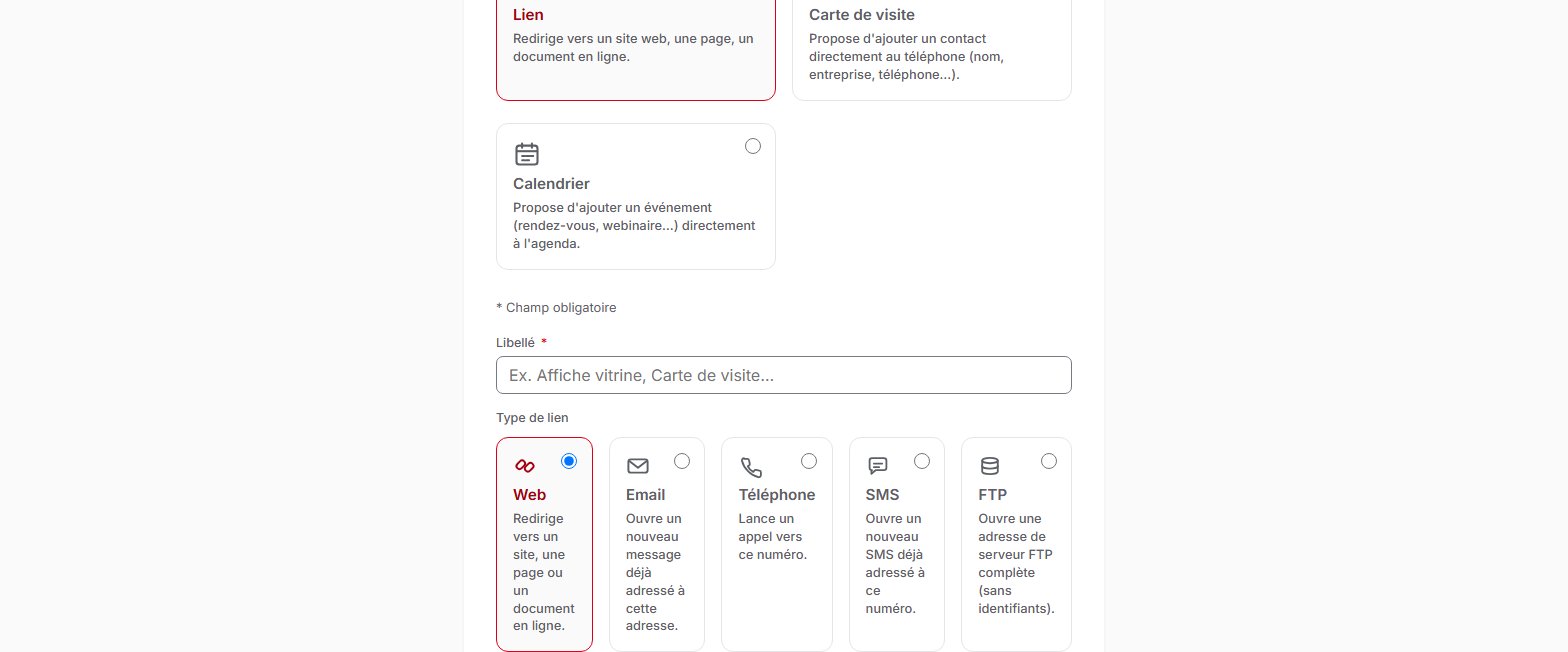 Écran de création d'un QR code dans QR Suisse, avec le type « Lien » sélectionné : choix du type de QR (lien, carte de visite, calendrier) et des types de lien (Web, Email, Téléphone, SMS, FTP) — compte de démonstration, données fictives.