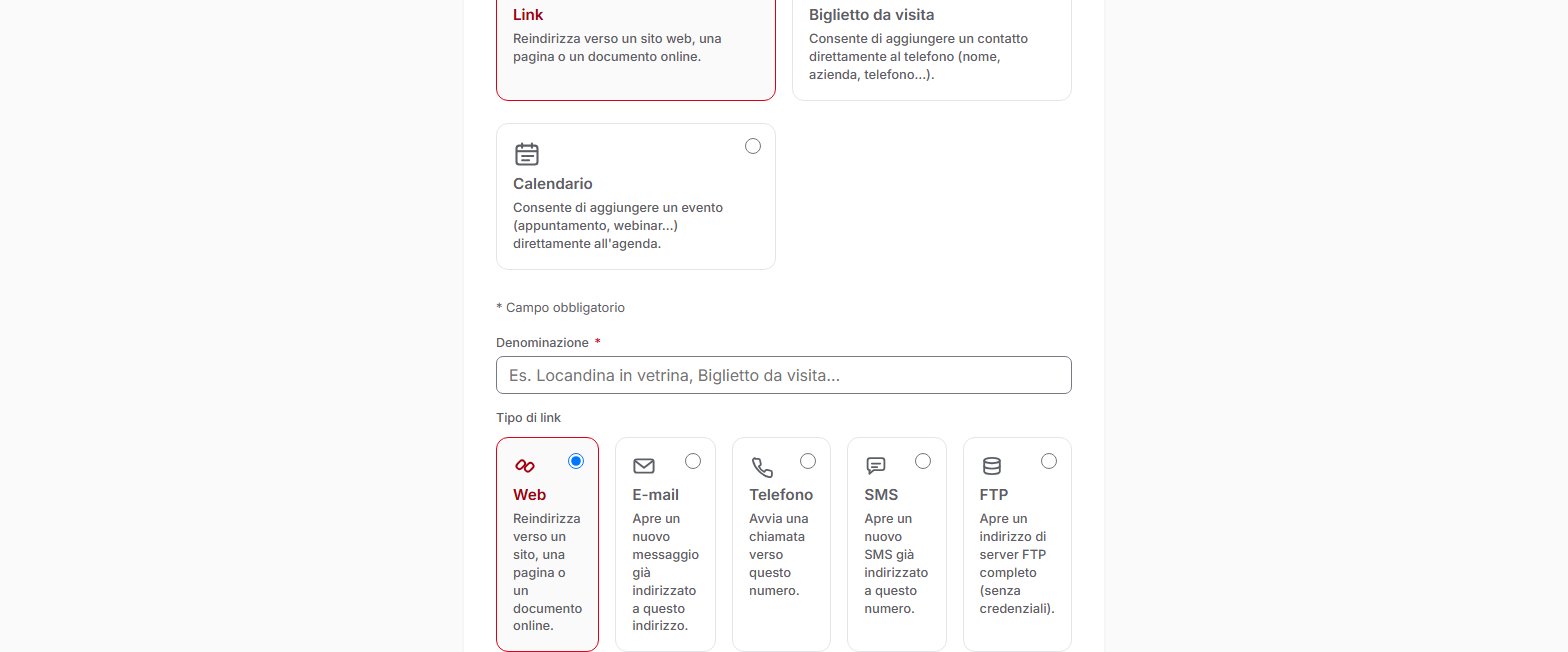 Schermata di creazione di un codice QR in QR Suisse, con il tipo «Link» selezionato: scelta del tipo di QR (Link, Biglietto da visita, Calendario) e del tipo di link (Web, E-mail, Telefono, SMS, FTP) — account dimostrativo, dati fittizi.