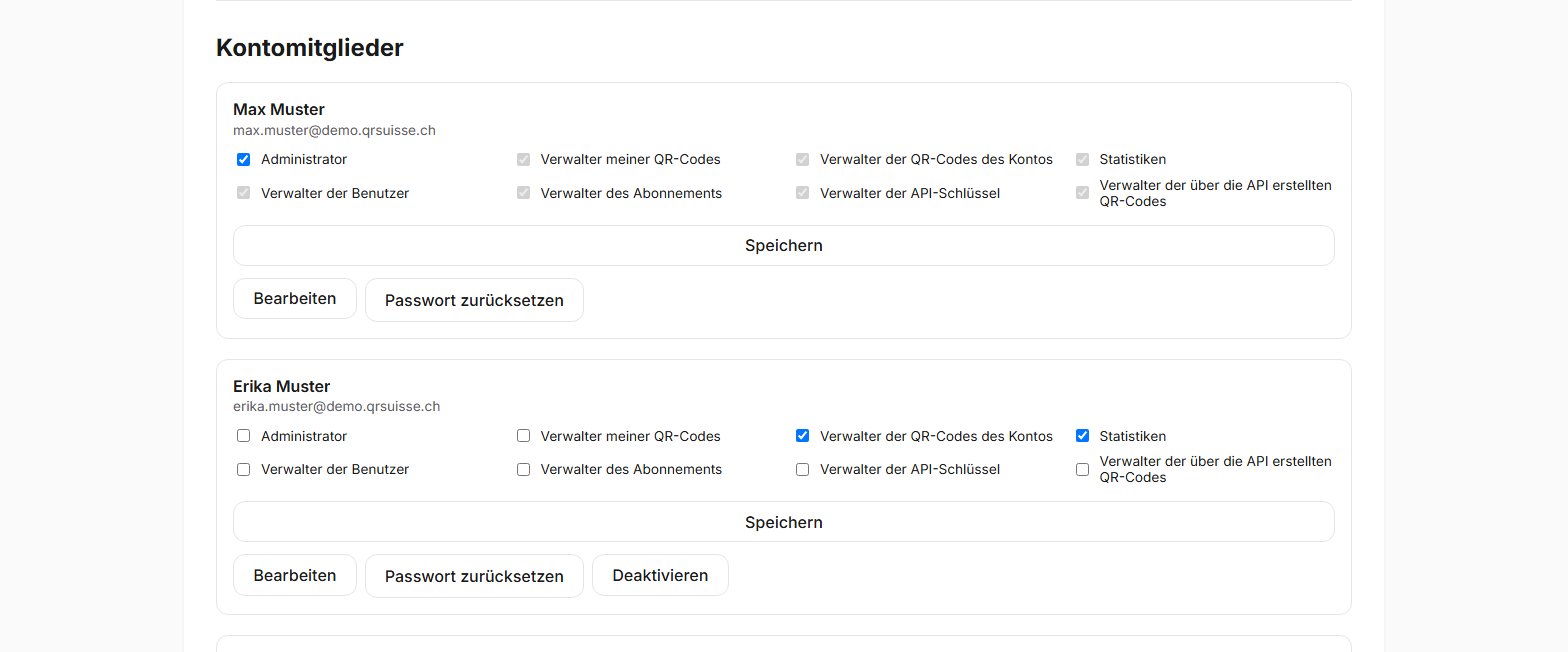Bildschirm zur Benutzerverwaltung in QR Suisse, mit der Liste der Kontomitglieder und ihren Rechten (Administrator, Verwaltung der QR-Codes, Statistiken …) — Demo-Konto, fiktive Daten.