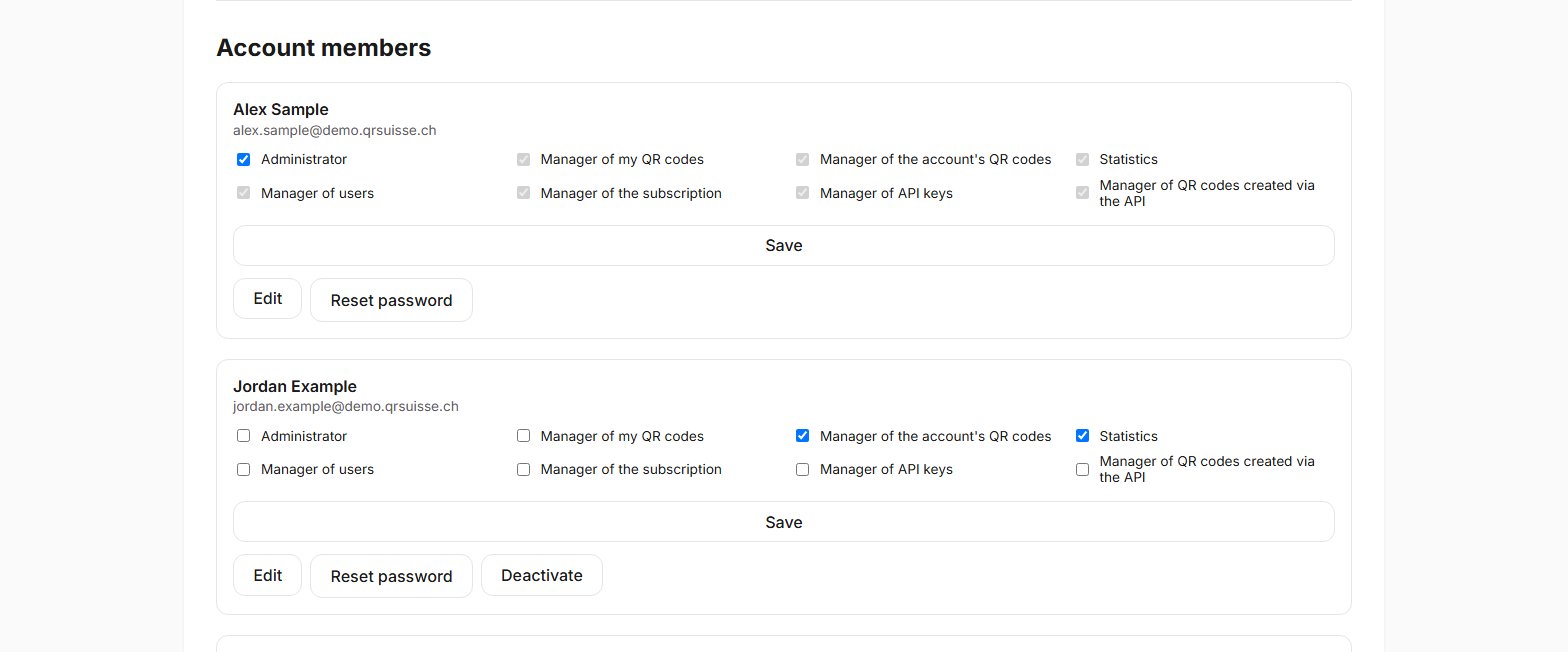 User management screen in QR Suisse, showing the list of account members and each member's rights (administrator, QR code management, statistics…) — demo account, fictitious data.